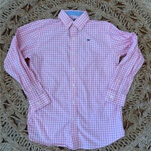 Vineyard Vines Boy’s Light Pink Gingham Button Up Whale Shirt Medium 12-14